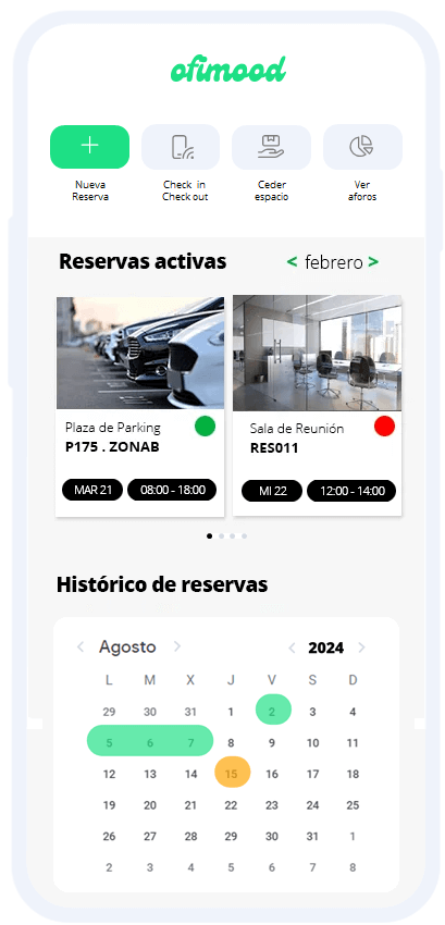 App de workplace management con las reservas del día de un empleado: escritorio 24, plaza de parking 217 y turno de comedor, sincronizadas con Outlook y Google Calendar