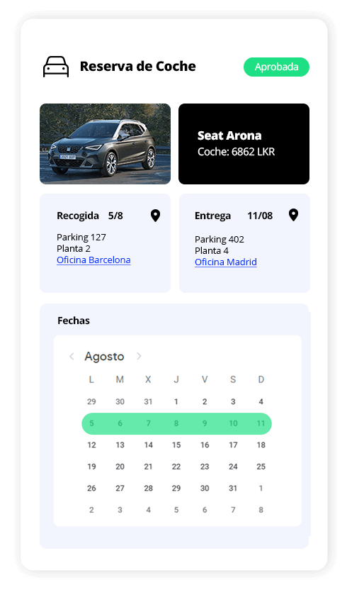 App de reserva de coches compartidos de empresa mostrando los vehículos disponibles en el móvil
