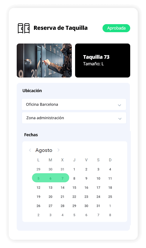 App de reserva de taquillas mostrando una taquilla aprobada con su ubicación, tamaño y fechas