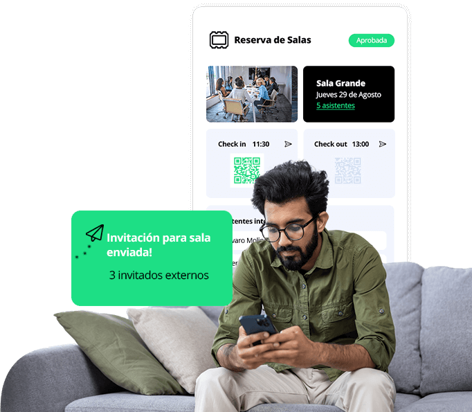 Empleado reserva una sala desde el móvil con check-in por QR y envía la invitación a tres invitados externos